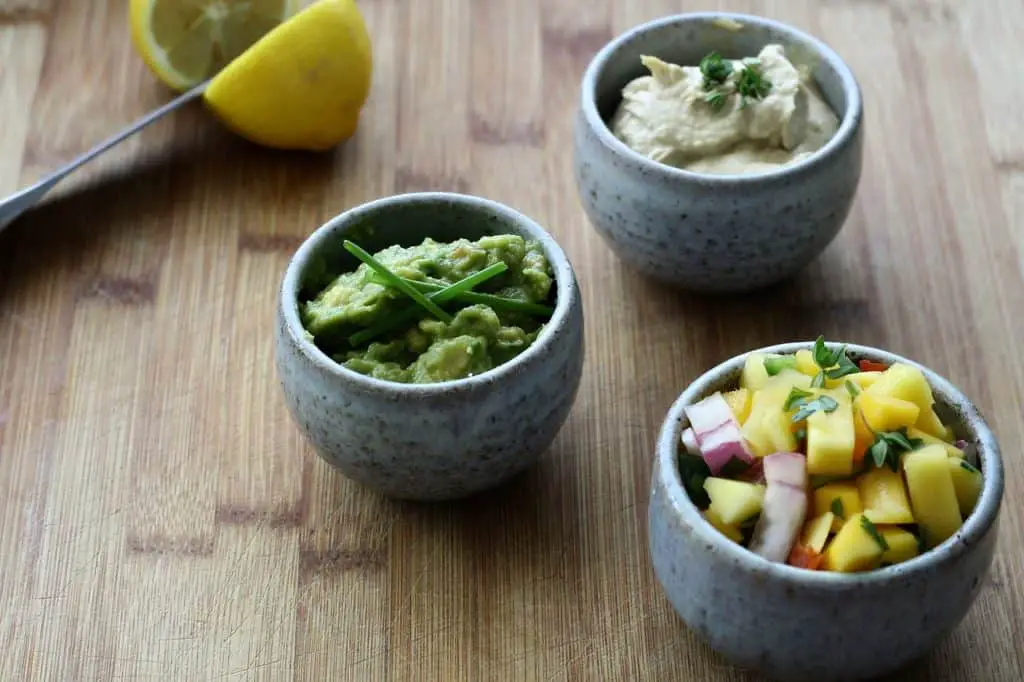 mango, salsa, guacamole