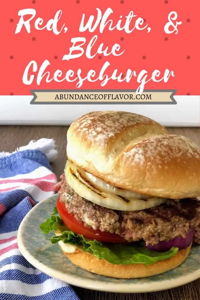 red, white, and blue cheeseburger pin