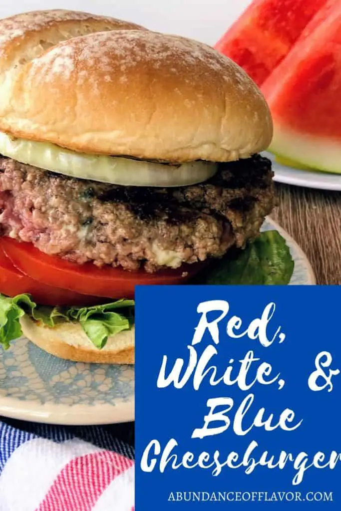 red, white, and blue cheeseburger pin