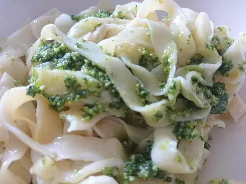 pasta covered in easy vegan spinach and pumpkin seen pesto. poolside snacks for summer days