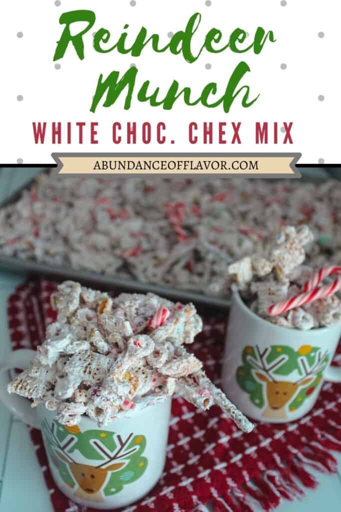 reindeer munch white chocolate chex mix pin